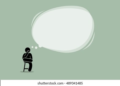 Thinking man sitting on a chair with a big empty bubble cloud. Vector artwork depicts thought, contemplate, idea, wisdom, and understanding.