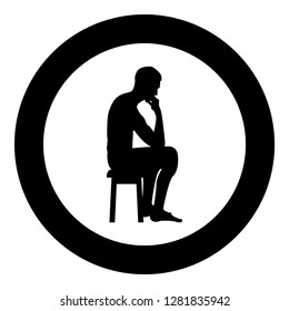Thinking man sitting on a stool silhouette icon black color vector illustration flat style simple imagein circle round