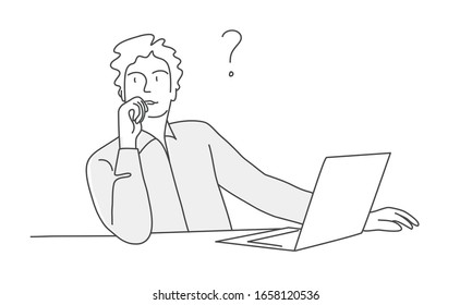 Thinking man sitting at the table with laptop and question mark. Hand drawn vector illustration.