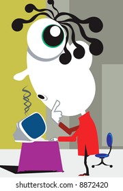 A thinking man standing near a computer 	