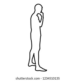 Thinking man standing silhouette Pensive person side view icon outline black color