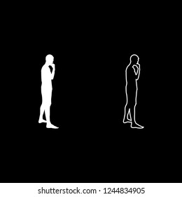 Thinking man standing silhouette Pensive person side view icon outline set white color