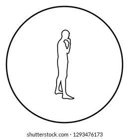 Thinking man standing silhouette Pensive person side view icon black color outline vector illustration flat style simple image in circle round