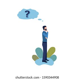 Thinking man standing under question mark. Worker or businessman doubts, makes a decision, chooses. Vector illustration of character, person solving a problem. Thinking questions concept.