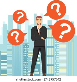 Thinking man. A man stands and thinks about a solution to the problem against the backdrop of the city landscape. Vector illustration. Vector.