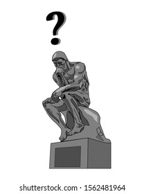 Thinking man statue monochrome and a question mark. Vector illustration isolated on the white background.