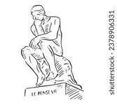 Thinking Man statue from Paris. Hand drawn in black and white line and shaded using lines.