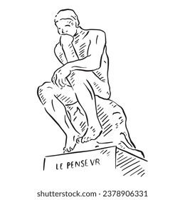 Thinking Man statue from Paris. Hand drawn in black and white line and shaded using lines.
