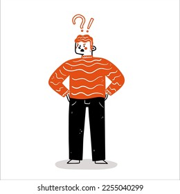 Thinking man surrounded by question mark. Business concept illustration. Man in doubt thinking with question marks over scratching head. Confusion, contemplation.