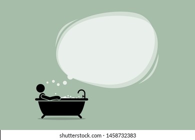 Thinking man taking a bath in the bathtub with a big empty bubble cloud. Vector artwork depicts shower thought, idea, understanding, contemplating, realization, solution, and mind.