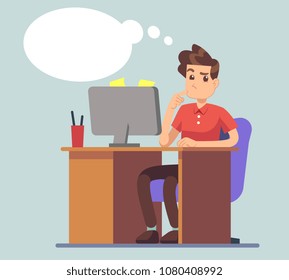 Thinking Man And Think Bubble. Student At Table With Laptop Education Vector Concept. Male Character Thoughts About Online Business. Businessman Work And Think On Table Office Illustration