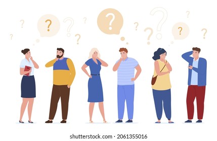 Thinking man and woman surrounded by thought bubbles set vector flat illustration. Collection thoughtful smart people solving problem with question mark isolated. Pensive contemplative person