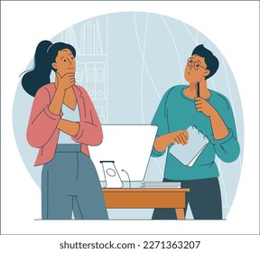 Thinking managers, man and woman. Puzzled and confused office workers. Flat vector illustration.