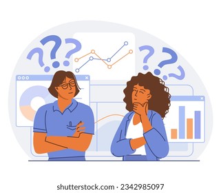 Directores pensantes, hombres y mujeres. Resolver un problema. Desconcertados y confundidos trabajadores de oficina con signos de interrogación. Ilustración vectorial plana.