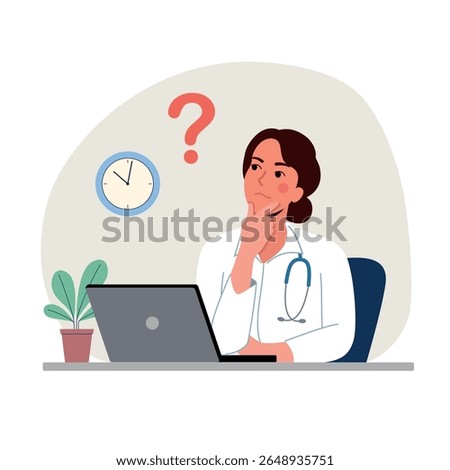 Thinking medic woman with question mark before the laptop. Flat style cartoon vector illustration. 