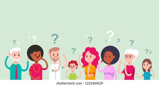 Thinking men, women and children character. Puzzled and confused people with a question mark vector cartoon illustration isolated on background.