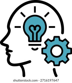 Pensando mente com lâmpada e equipamento. Simbolizando resolução de problemas, ideias, inovação e inteligência isolados sobre ilustração de fundo transparente.