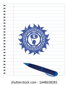 thinking in money icon draw (pen strokes). Blue ink. Vector Illustration. Detailed.