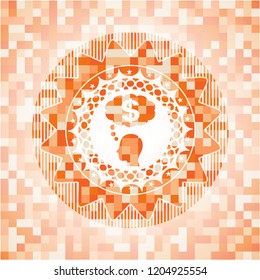 thinking in money icon inside abstract orange mosaic emblem