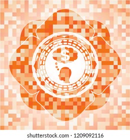 thinking in money icon inside abstract orange mosaic emblem with background