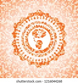thinking in money icon inside abstract orange mosaic emblem with background