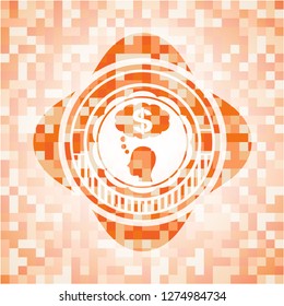 thinking in money icon inside abstract orange mosaic emblem with background