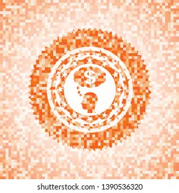 thinking in money icon inside abstract orange mosaic emblem with background