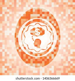 thinking in money icon inside abstract emblem, orange mosaic background