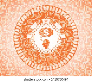 thinking in money icon inside abstract orange mosaic emblem with background