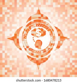 Icono de pensamiento en dinero dentro del emblema abstracto de mosaico naranja