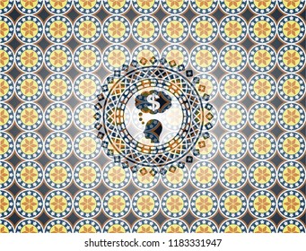 thinking in money icon inside arabesque emblem background. arabic decoration.