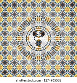 thinking in money icon inside arabesque badge. arabic decoration.