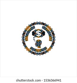 thinking in money icon inside arabesque style badge. arabic decoration.