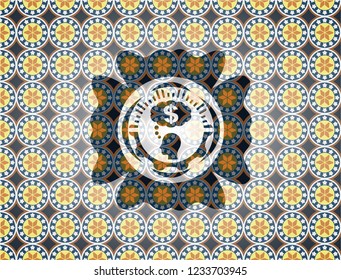 thinking in money icon inside arabic badge background. Arabesque decoration.