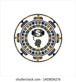 thinking in money icon inside arabic badge. Arabesque decoration.