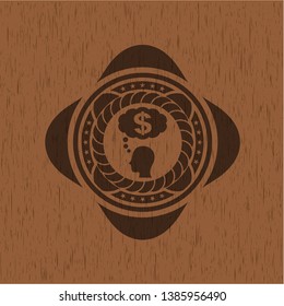 thinking in money icon inside badge with wood background