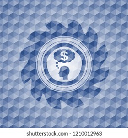 thinking in money icon inside blue hexagon badge.