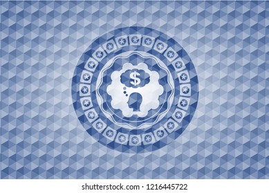 thinking in money icon inside blue badge with geometric background.