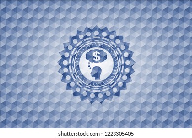 thinking in money icon inside blue emblem with geometric pattern.