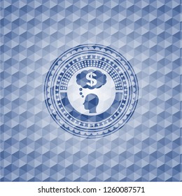 thinking in money icon inside blue badge with geometric pattern.