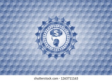 thinking in money icon inside blue emblem or badge with abstract geometric polygonal pattern background.