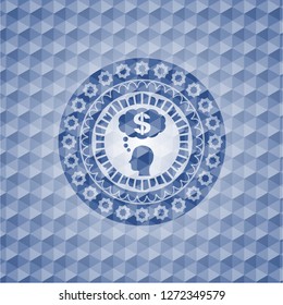 thinking in money icon inside blue hexagon badge.