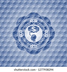 thinking in money icon inside blue badge with geometric pattern.
