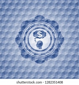 thinking in money icon inside blue badge with geometric pattern background.