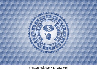 thinking in money icon inside blue emblem or badge with geometric pattern background.