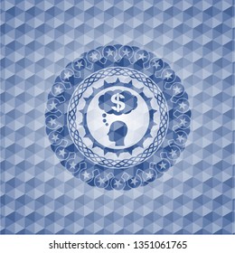 thinking in money icon inside blue polygonal badge.