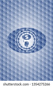 thinking in money icon inside blue emblem with geometric pattern background.