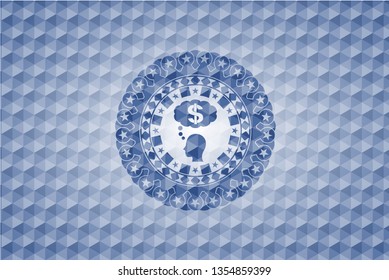 thinking in money icon inside blue badge with geometric pattern background.