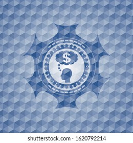 thinking in money icon inside blue hexagon badge.