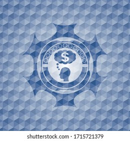 thinking in money icon inside blue badge with geometric background. 